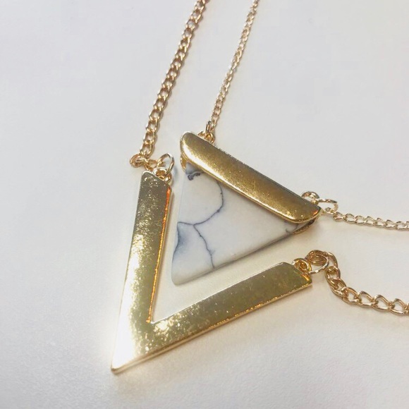 White Marble Stone Layered Triangle Necklace - Picture 3 of 7